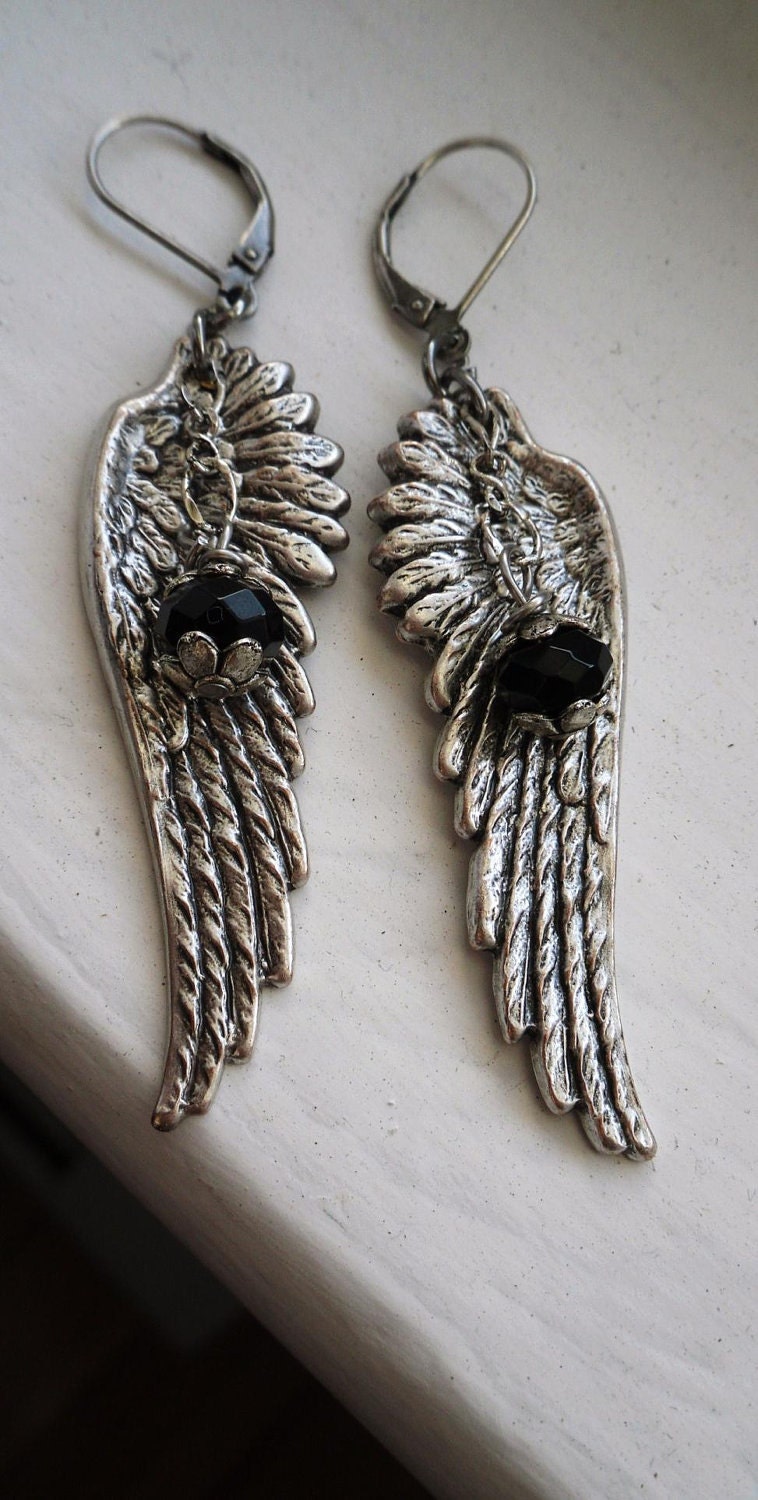 Earings Black Onyx Silver Angel Wing Earrings Sterling Silver Lever back earwires