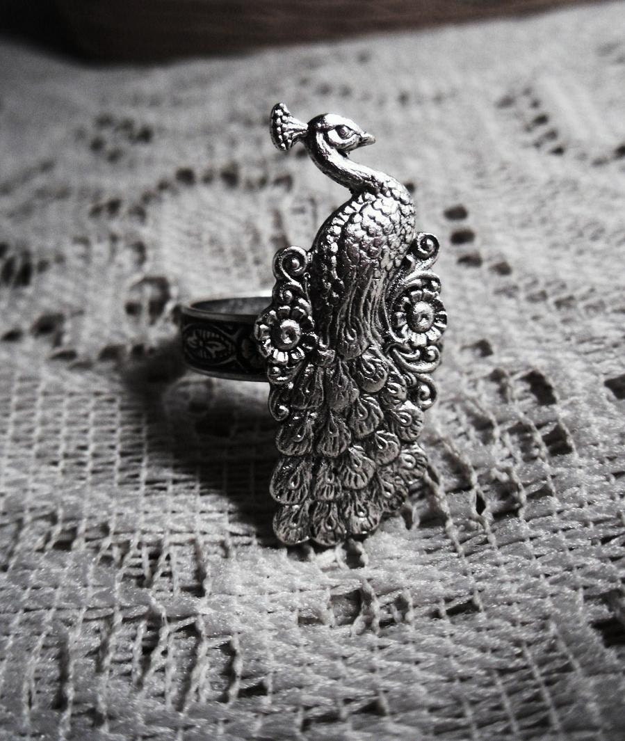 Ring Silver Peacock ,Wedding Bridal Jewelry antiqued sterling silver symbolic