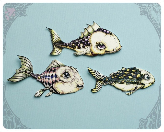 Mini Fish Paper Dolls - Articulated Fish Paper Dolls - Pink Blue Green Blue Yellow Red  - Articulated Paper Dolls - Moveable Paper Doll