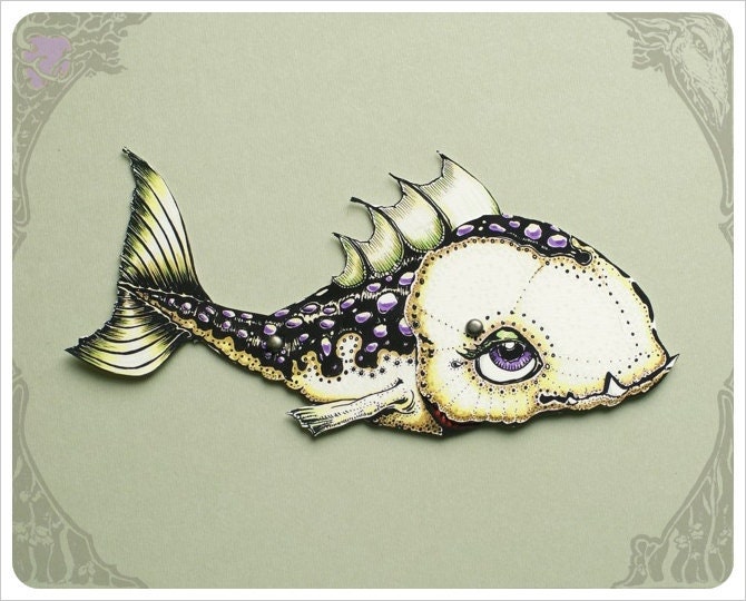 Fish Paper Doll - Articulated Paper Doll handmade by the Filigree - Purple Green Black Cream  - Paper Goods