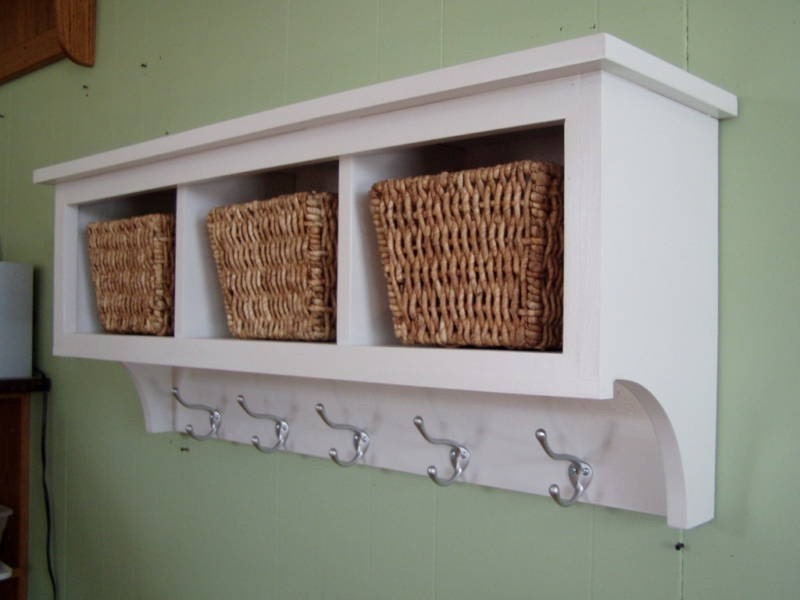Cubby Wall Shelf Country Shelf for Baskets Bath Or Entryway W Hooks