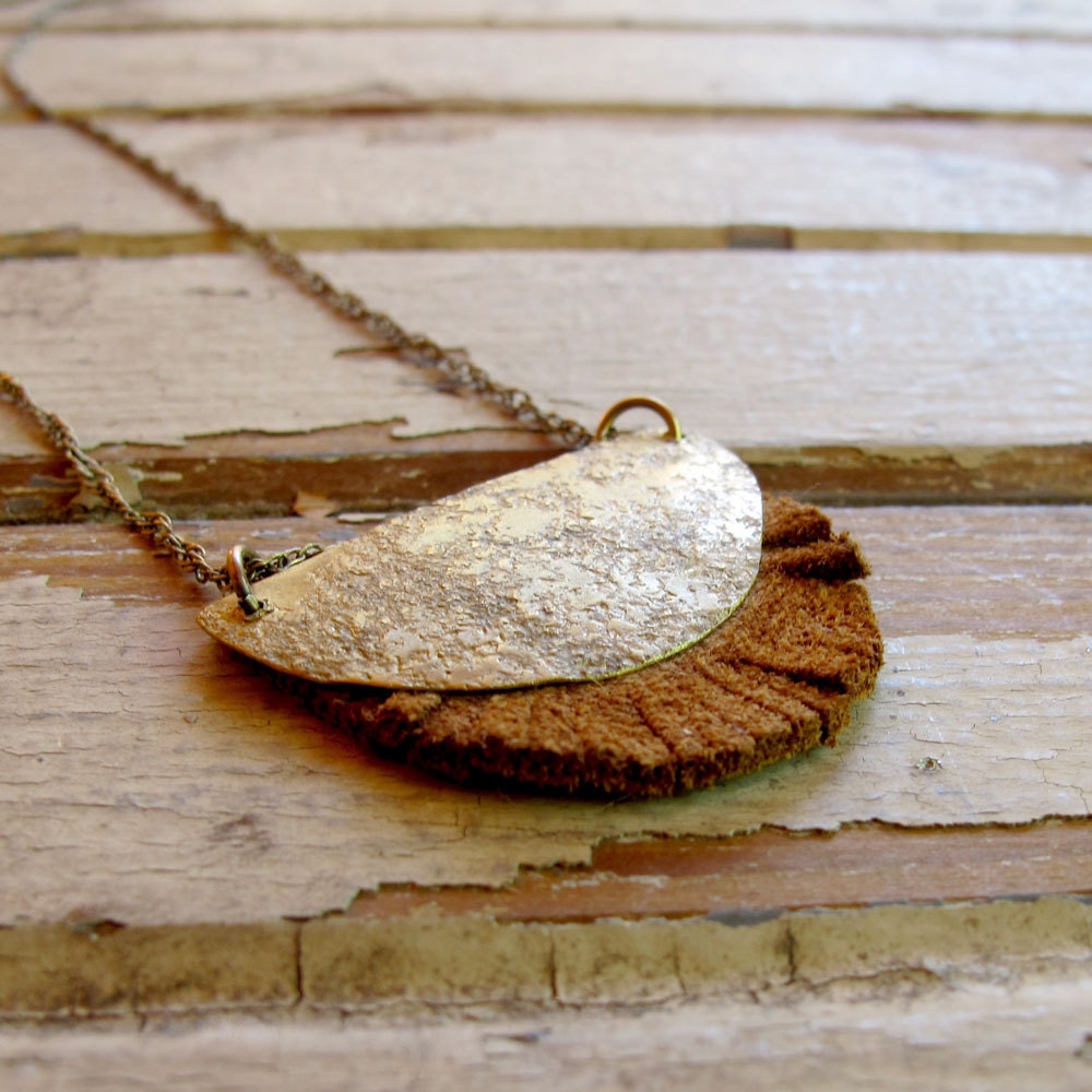 Haystack and Wood - Brown Leather Necklace - Brass Metalwork Necklace - Tangleweeds Artisan Jewelry