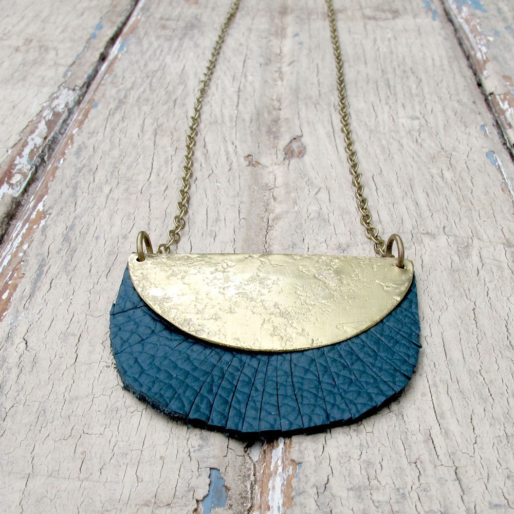 SALE Haystack and Wood - Teal Leather Necklace - Brass Metalwork Necklace - Artisan Tangleweeds Jewelry