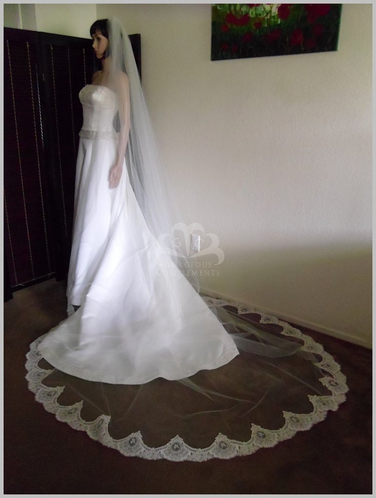 Ivory Cathedral Wedding Veil with Vintage Alencon Lace on Bottom Custom Order