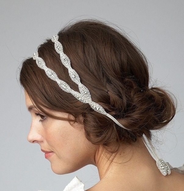 Double band Bridal Crystal and Rhinestone Beaded Headband or Halo