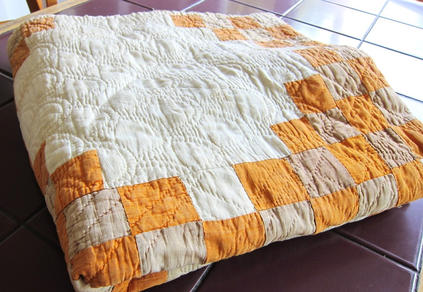 Primitive antique quilt  1800s Irish Chain cheddar and tan