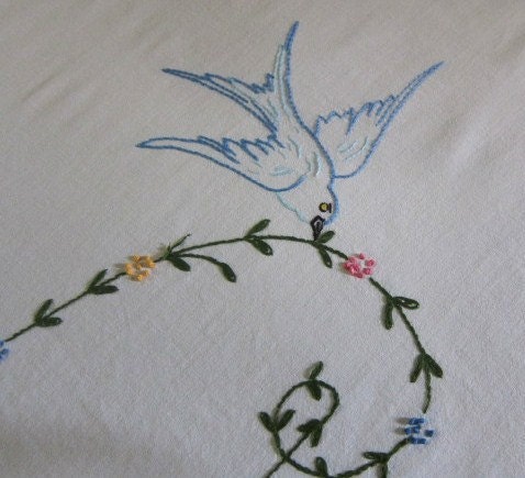Bluebird embroidered summer bedspread 1920s 30s