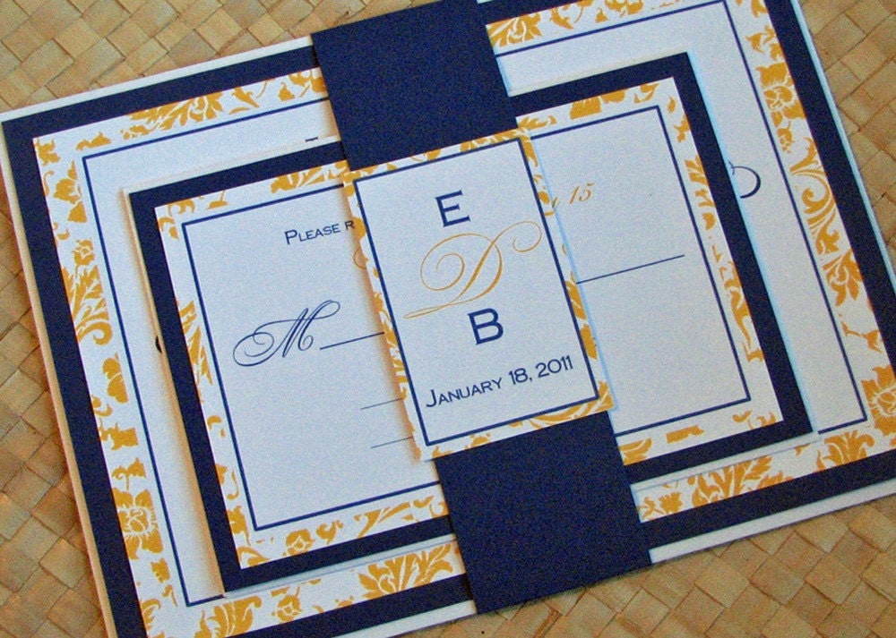 Damask Wedding Invitation in Yellow and Blue