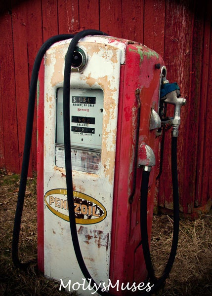 Red Photography Antique Pennzoil Gas Station Pump Americana Decor Red Rustic garage decor