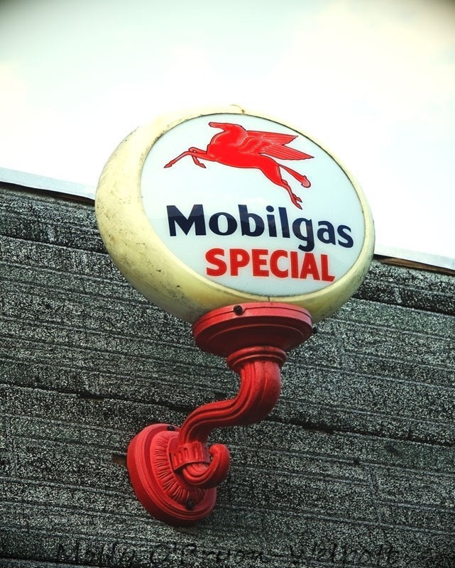 OLD Gas Station Sign Photograph, Gas Station Print, MobilGas Mobil Sign, Pegasus in Red, Garage Art, Man Cave Decor