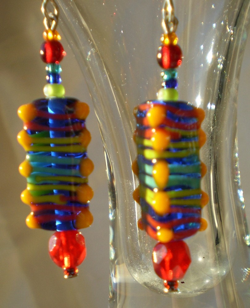 Lampwork rainbow earrings in blue, yellow,  red