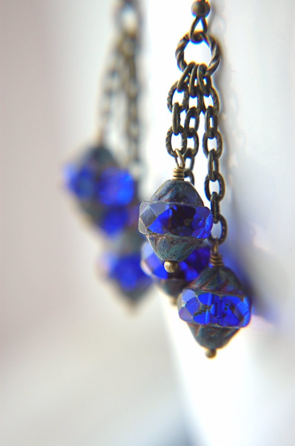 RESERVED - Boho Sapphire Czech Glass Dangle Earrings - Sapphire Lanterns.