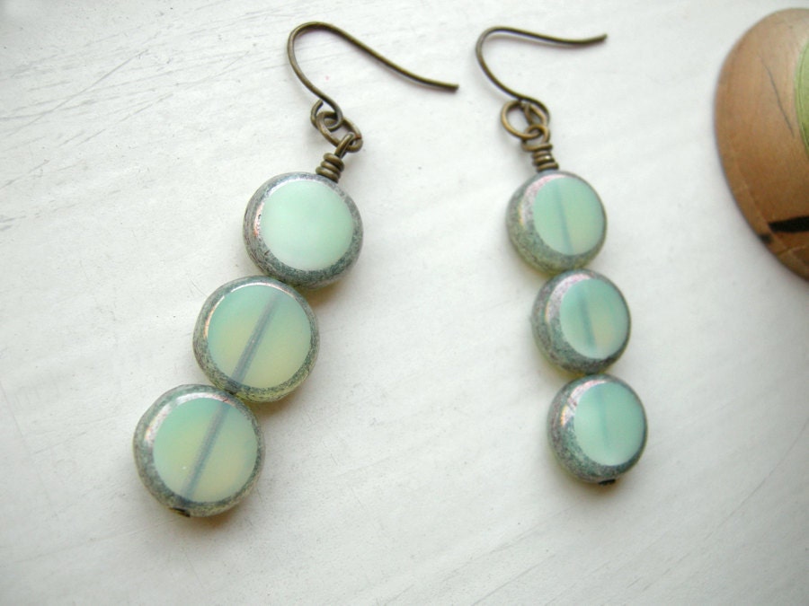 Mint Green Czech Glass Dangle Earrings on Antiqued Brass - The Submersible