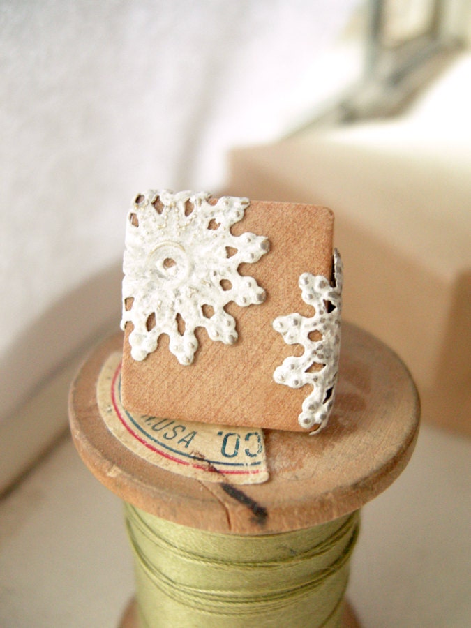 Natural Wood and Doily Filigree Adjustable Scrabble Tile Ring - Grandma's Lace