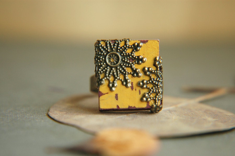 Mustard Yellow Adjustable Scrabble Tile Ring - The Grand Hall - Nickel Free