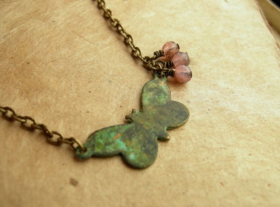 Verdigris Butterfly Pendant Necklace - Green and Lilac Butterfly