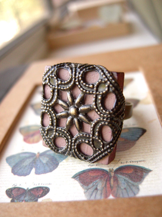 Cocoa and Dark Filigree Adjustable Ring - Chocolate Lace