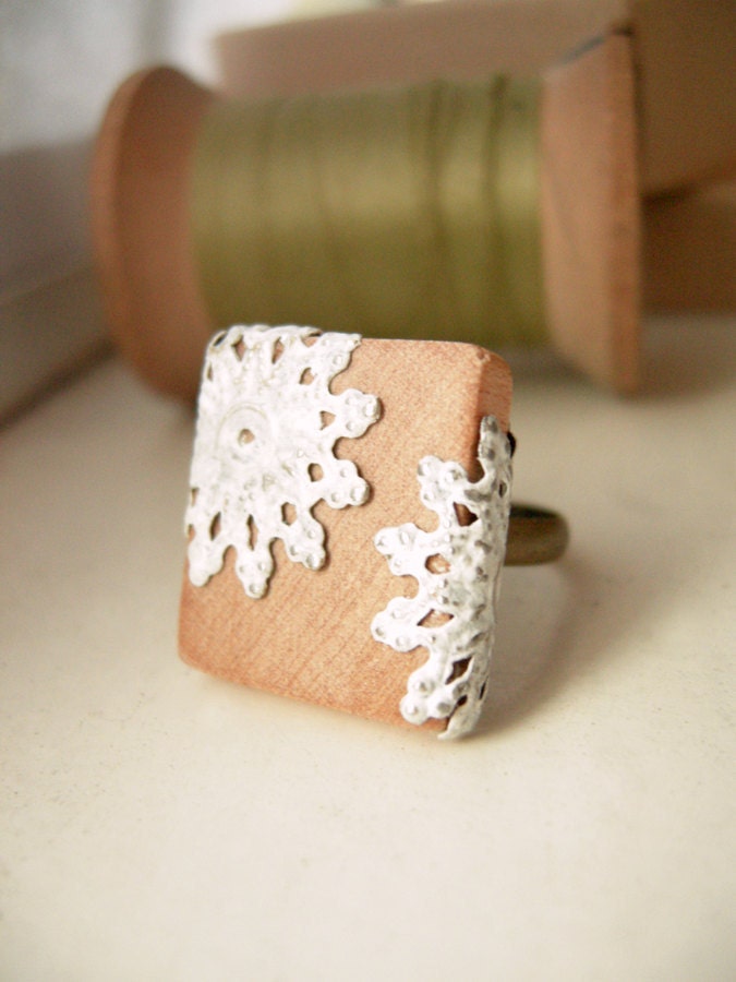 Natural Wood and Doily Filigree Adjustable Scrabble Tile Ring - Grandma's Lace
