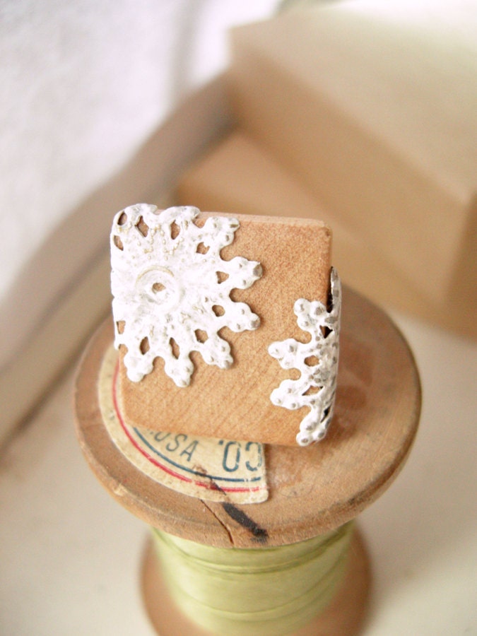 Natural Wood and Doily Filigree Adjustable Scrabble Tile Ring - Grandma's Lace