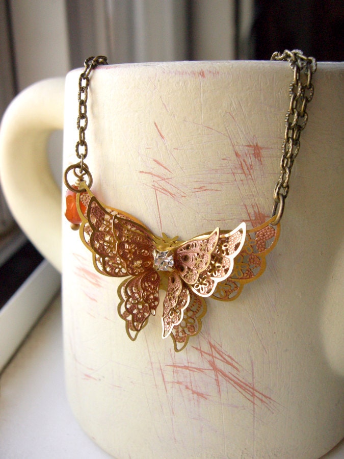 Vintage Filigree Butterfly Pendant Layered Necklace - Vintage Butterfly