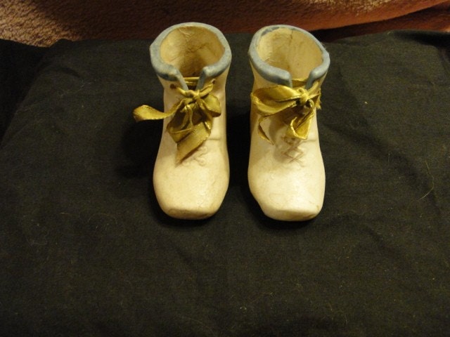 Reduced - Parian Ceramic Unmarked Baby Shoes with Green Ribbons -