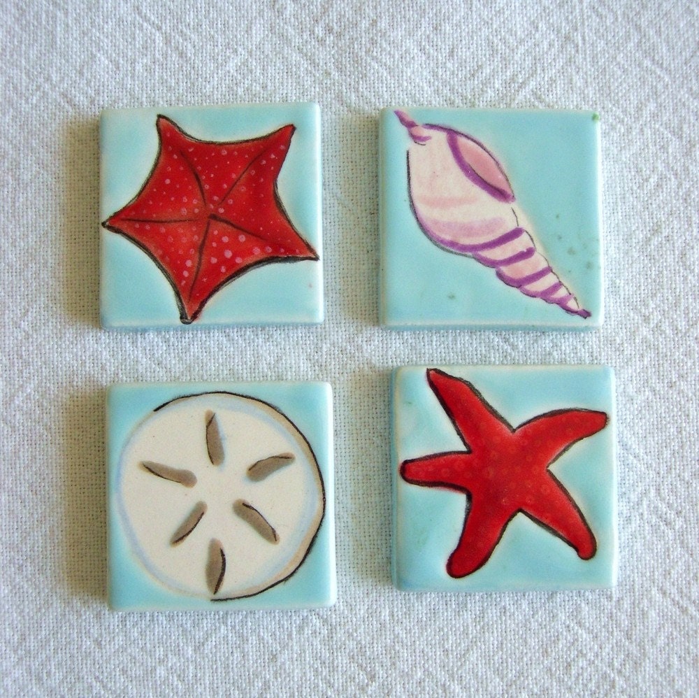 Ceramic hand painted tile Shell, Sanddollar, Sea Star One of a Kind Wearable Art