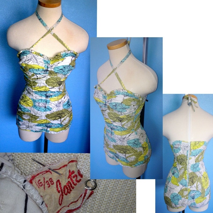 Vintage 1950s Jantzen halter ruched swimsuit bathing suit marked size 36 excellent condition cheesecake pin up