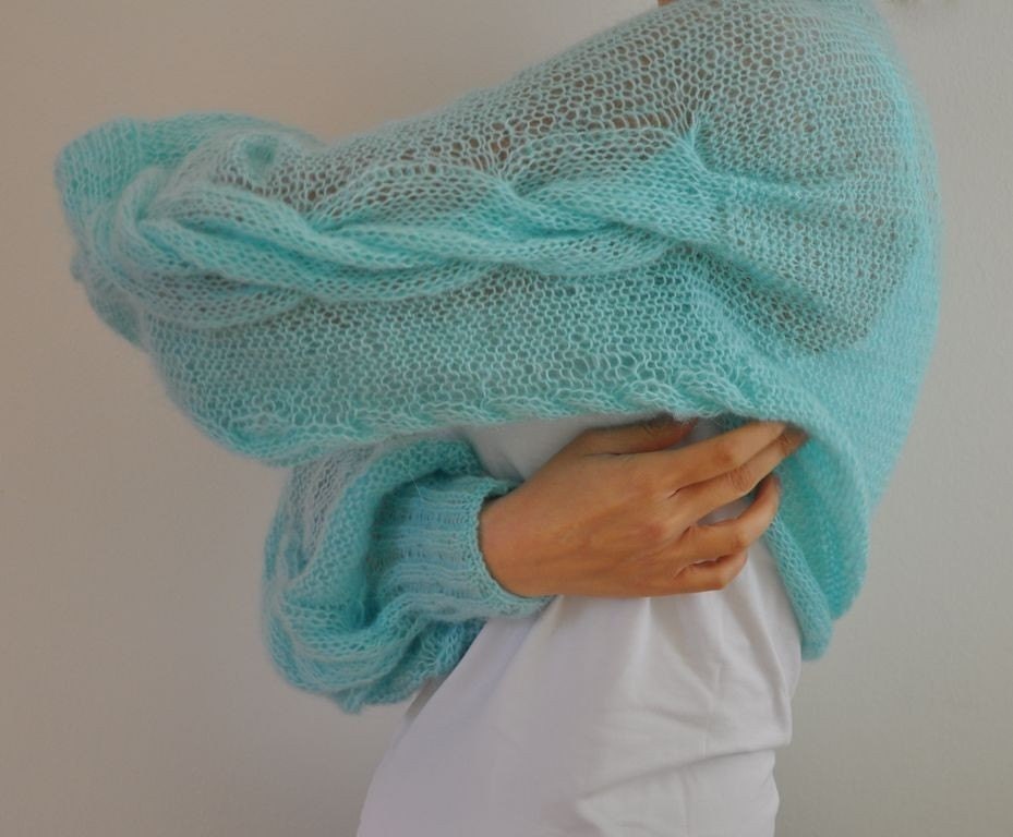 Shrug Bolero Bridal Shrug Hand Knit Aqua Cable Mohair MADE TO ORDER