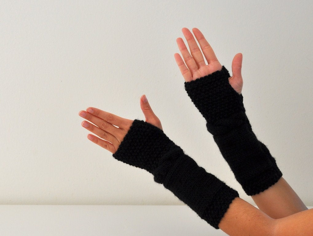 Wool Black Fingerless Gloves Armwarmers Hand Knit Chic Winter Accessories Winter Fashion