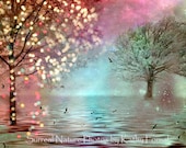 Nature Photography, Pink Aqua Teal Nature, Sparkling Dreamy Fantasy Nature, Twinkling Tree Lights - Fine Art Photo 8" x 12"