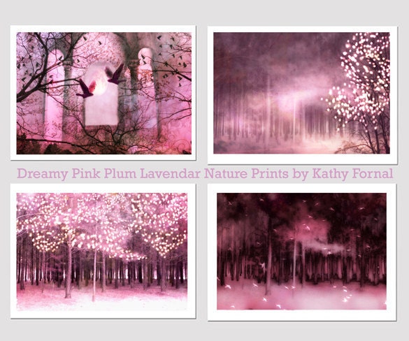 Nature Photography - Surreal Pink Plum Mauve, Fantasy Trees, Dreamy Sparkling Lights, Set of Four Nature Prints 5" x 7"