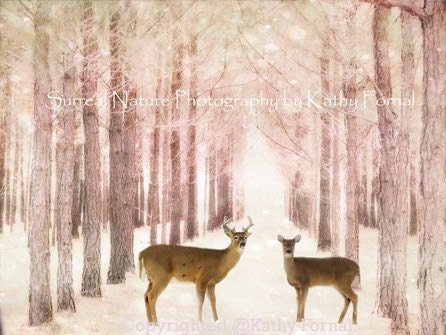 Nature Deer Photography - Deer Nature Wall Art, Deer Buck Pink Woods, Dreamy Deer Fine Art Photo, Fine Art Deer Buck Photograph 8" x 12"