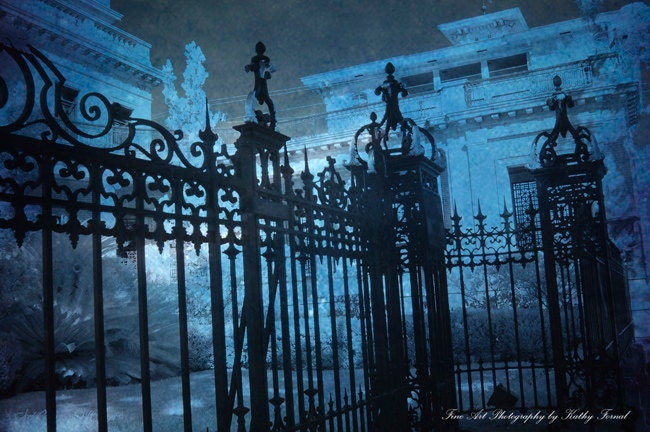 Savannah Photos - Surreal Black Rod Iron Gates, Gothic Blue Architecture, Savannah Gate Street Scene, Fine Art Photograph 8" x 12"