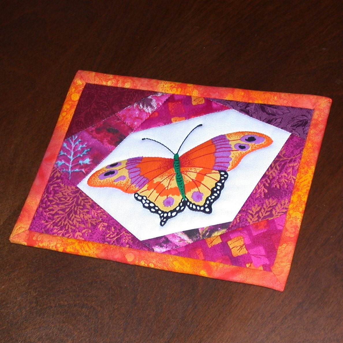 Quilted Butterfly Oversized Coaster, Mug Rug - Crazy Patch