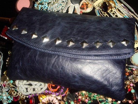 Brooklyn Leather Clutch, Purse, navy blue clutch, clutch, purse with studs, silver studs, clutch with silver studs