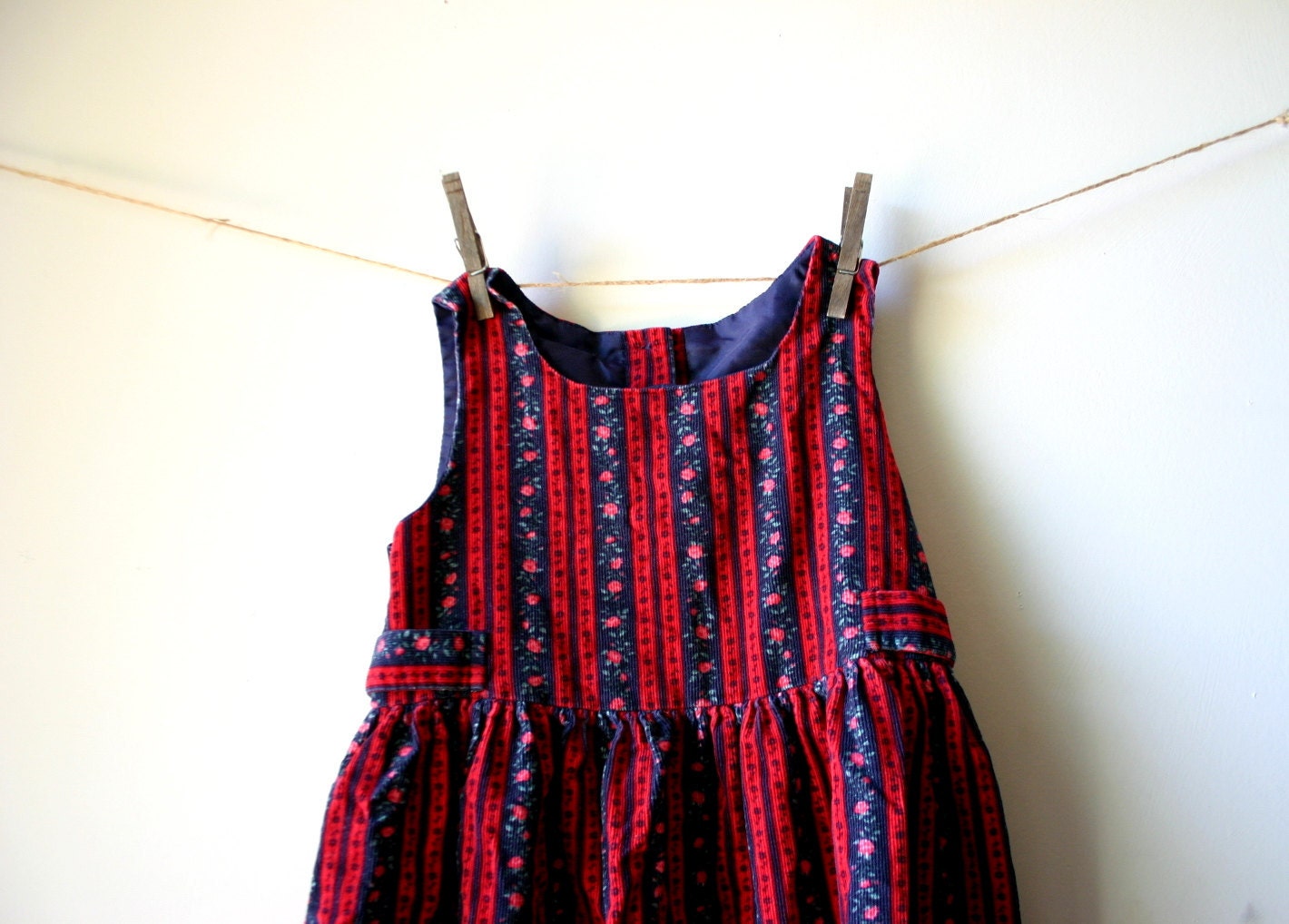 Adorable Vintage Stripes And Flowers Corduroy Dress