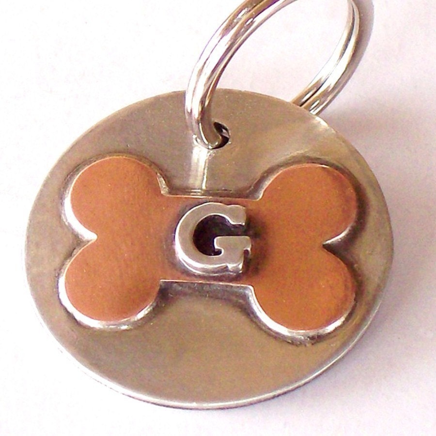 Handmade Pet Tag, Dog Tag - Sterling Silver, With Initial & Copper Bone