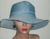 Stunning Linen Straw Derby Wide Brim in Light Aqua...Bow in Back
