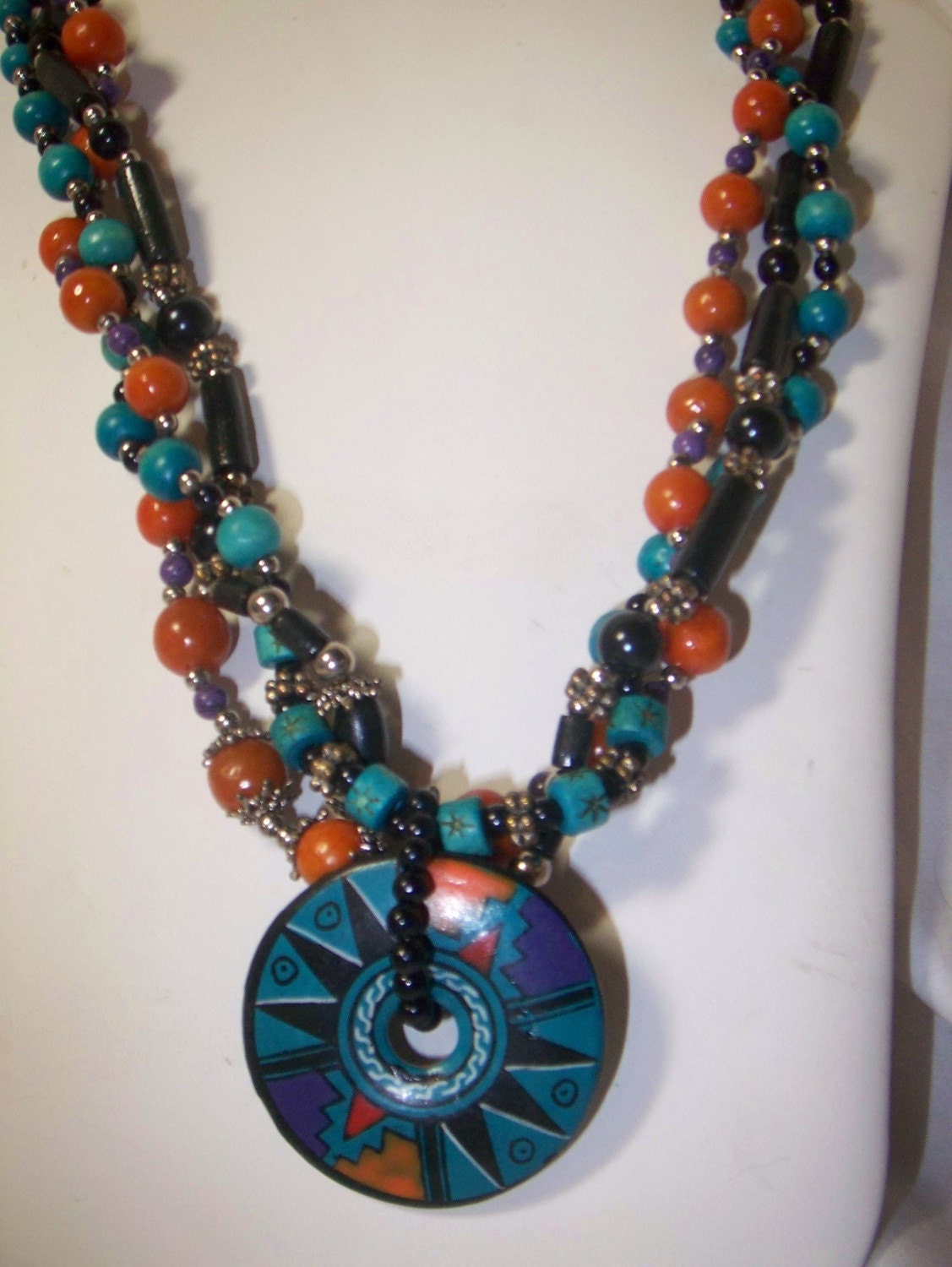 Hand Painted Multicolored Ceramic Disc Pendant Necklace FREE SHIPPING
