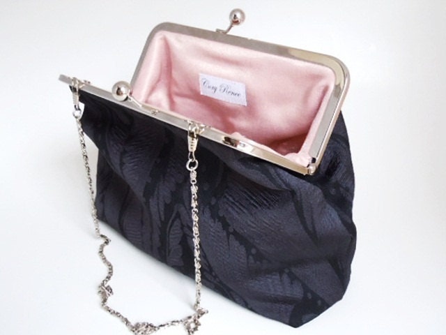 Great Gatsby Black with Pink and Chain Strap - Art Deco Clutch Purse Bag