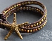 Gold Starfish Beaded Pearl Leather Wrap Bracelet (MTO)