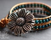 Black Eyed Susan Beaded Malachite Stone Leather Wrap Bracelet (MTO)
