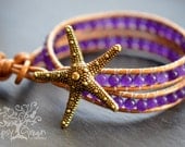 Gold Starfish Beaded Aventurine Stone Leather Wrap Bracelet (MTO)