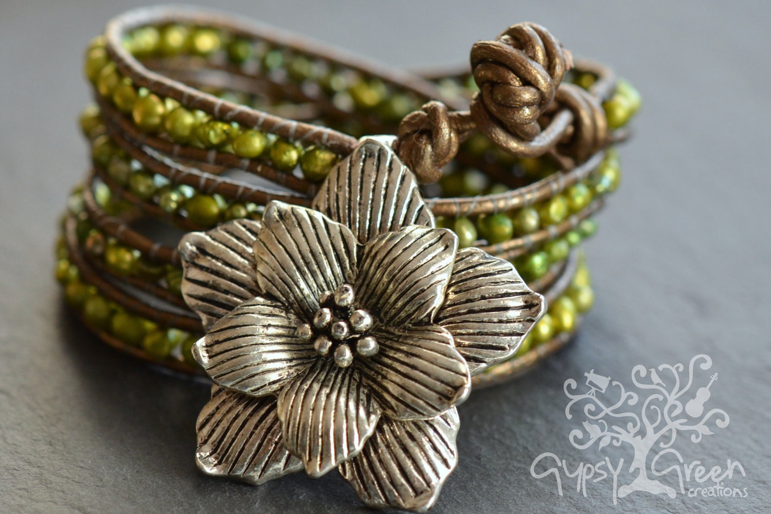 Hibiscus Flower Beaded Pearl Leather Wrap Bracelet