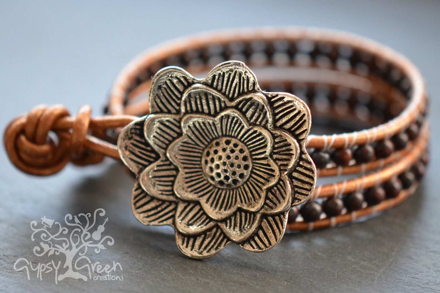 Posy Flower Beaded Jasper Stone Leather Wrap Bracelet (MTO)