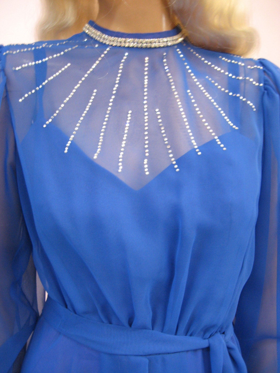 1960s Blue Chiffon Rhinestone Gown. 60s Blue Rhinestone Gown. Vintage Prom. Mad Men. Megan Draper. Cinderella. 26 Inch Waist