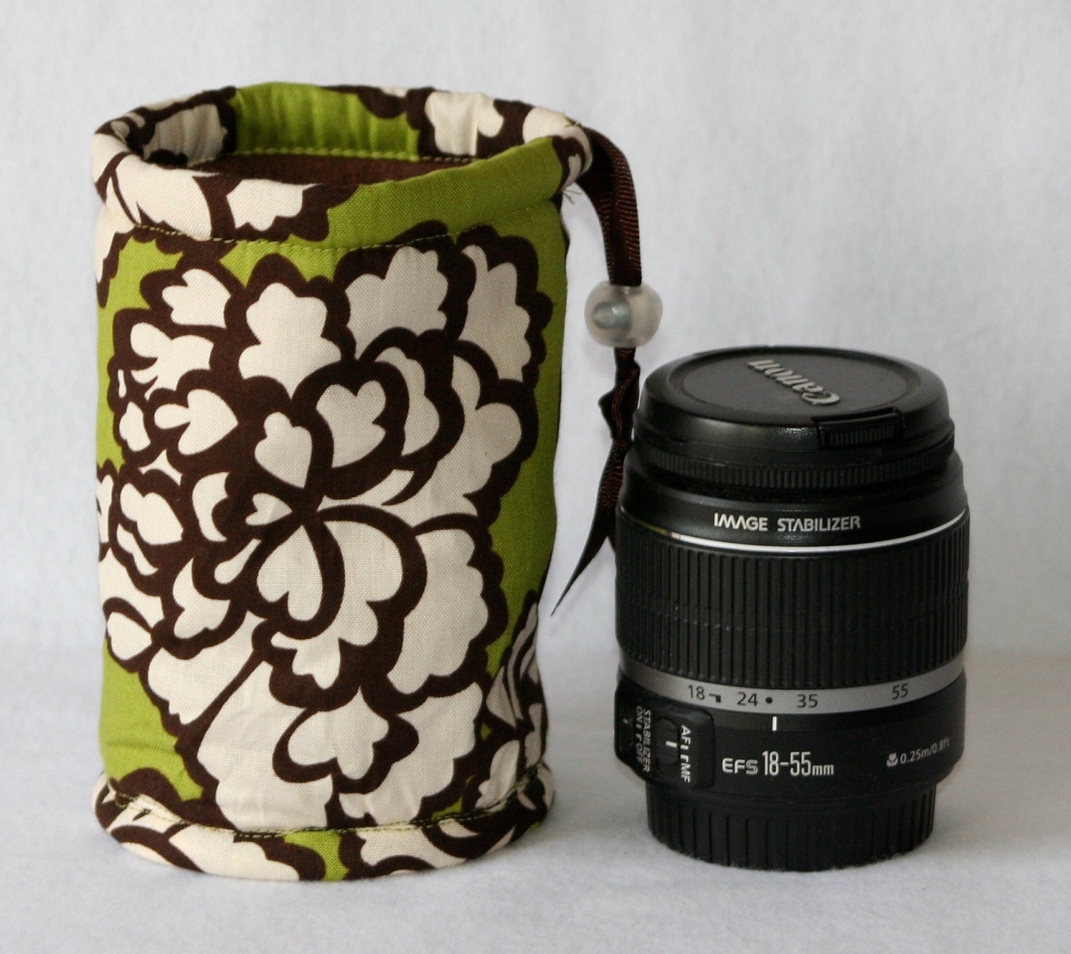 Camera lens case for DSL camera Green Brown and cream print monogramming included