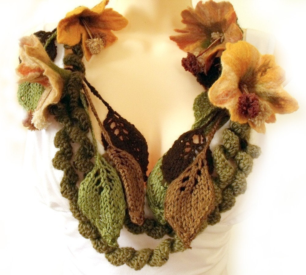 Scarf lariat with felt flowers crochet knit  freeform necklace brown vanila orange Victorian "Autumn" - allmadewithlove