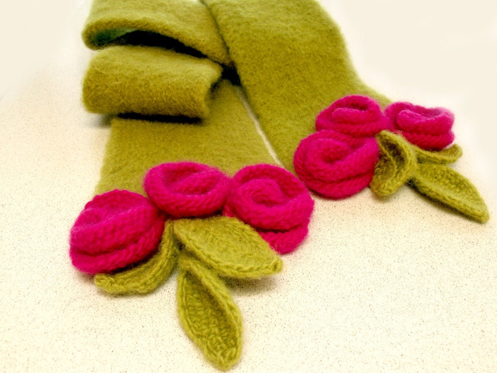 Knit felt scarf with flowers and leaves winter warm scarf