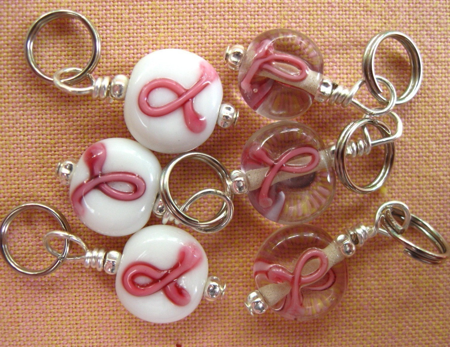 Stitch Markers - Knitting - Crochet - Pink Ribbon - Handmade - Set of 6